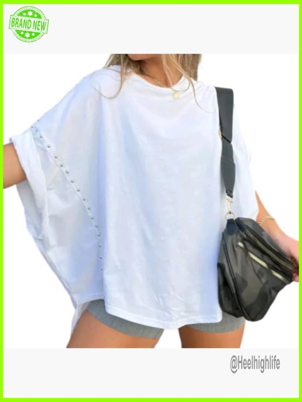 Oversized Batwing T-Shirt with Studs Asymmetric Hem